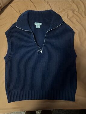 Rachel Zoe Navy Ribbed Zip-Front Sleeveless Turtleneck Sweater Vest